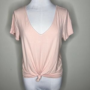 Wonderly Ribbed Top LARGE Pink V-Neck Jersey Knit Short Sleeve Casual Popover